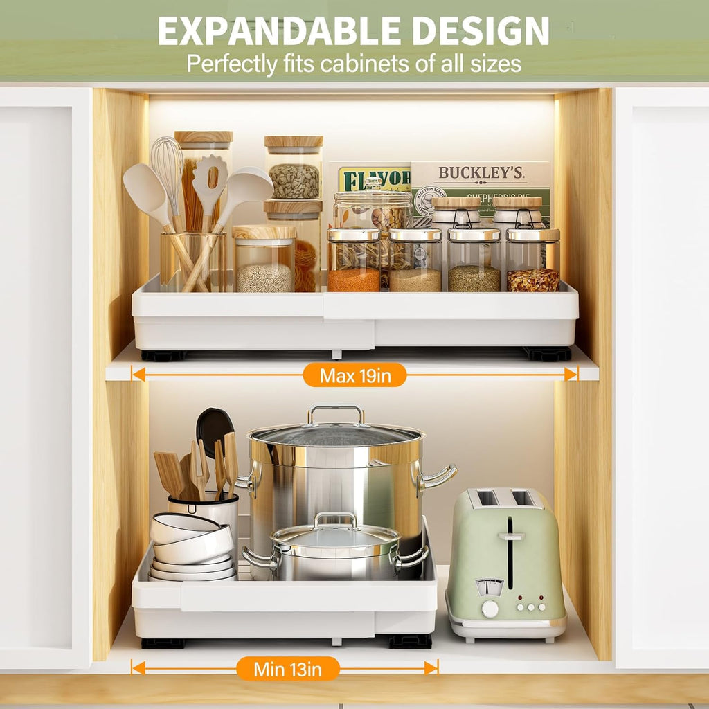 Pull Out Cabinet Organizers Expandable, White, 20.8"Depth, 2 Pack