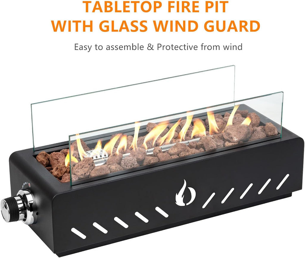 18 Inch Table Top Propane Fire Pit, Rectangular Tabletop Firepit with Lava Rocks, Glass Shield & 6.8 ft Hose