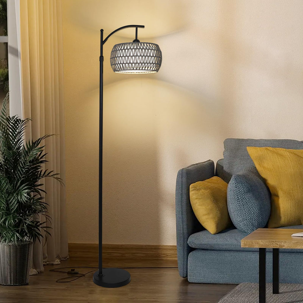Arc Floor Lamp, Boho Standing Lamp with Remote & LED Smart Bulb, Rattan Floor Lamps with 3 Color Temperatures