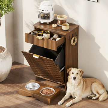 Pet Feeding Station, Dog Food Storage Cabinet with 2 Hidden Bowls, Walnut