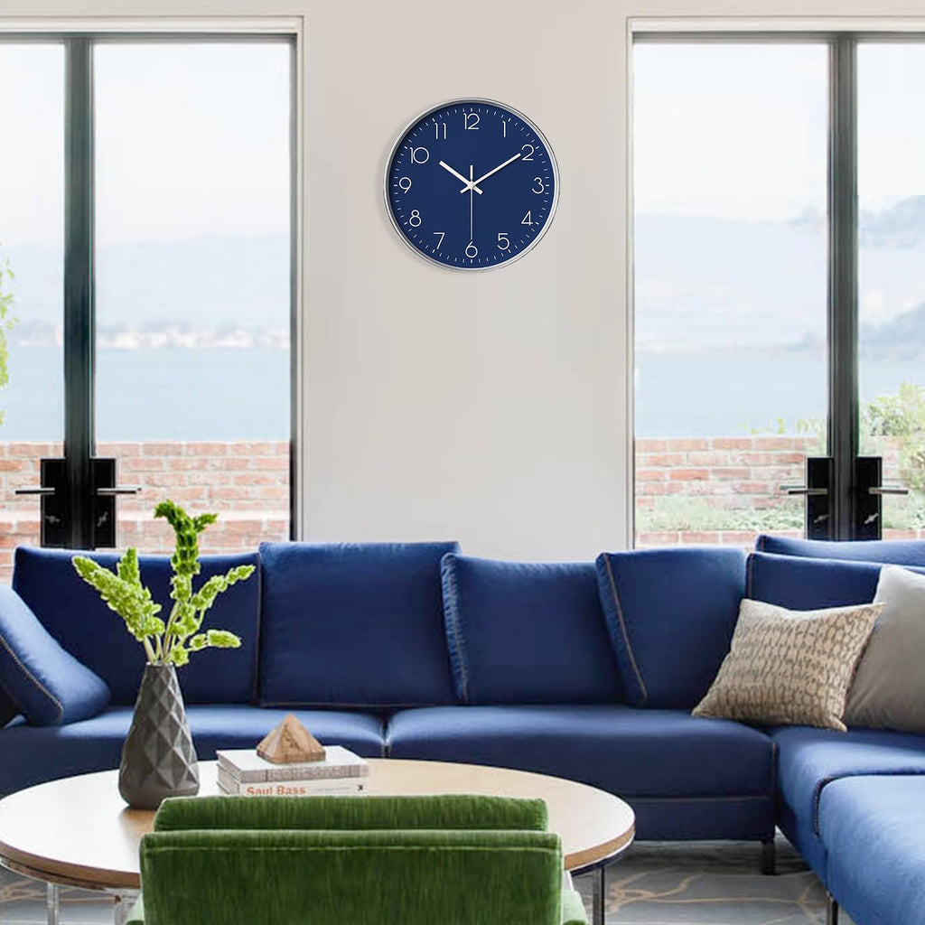 Navy Blue Modern Wall Clock Decor, 14 Inch Large Wall Clock Silent Battery Operated, Classic Round Analog Clock