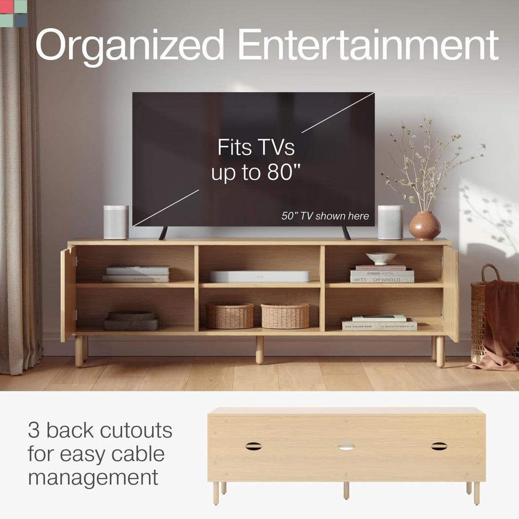 Contemporary Fluted TV Stand, 70 Inches TV Media Console, Supports 32 to 80" TVs, Media Console Cabinet s, Soft-Close