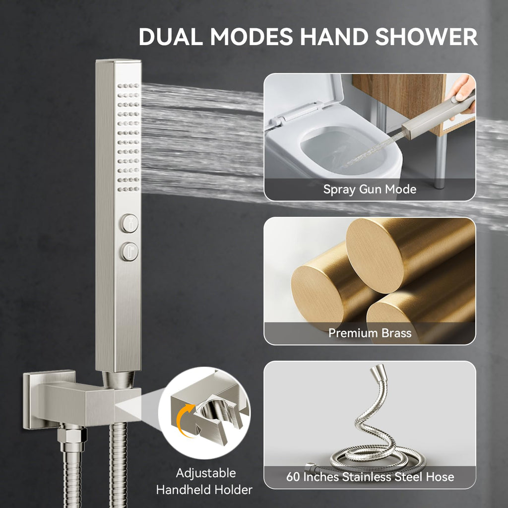 Brushed Nickel Shower System with Jets, 4 Way Shower Faucet Set with 2 in1 Handheld,Ceiling Mount 12"+6" Rain Shower