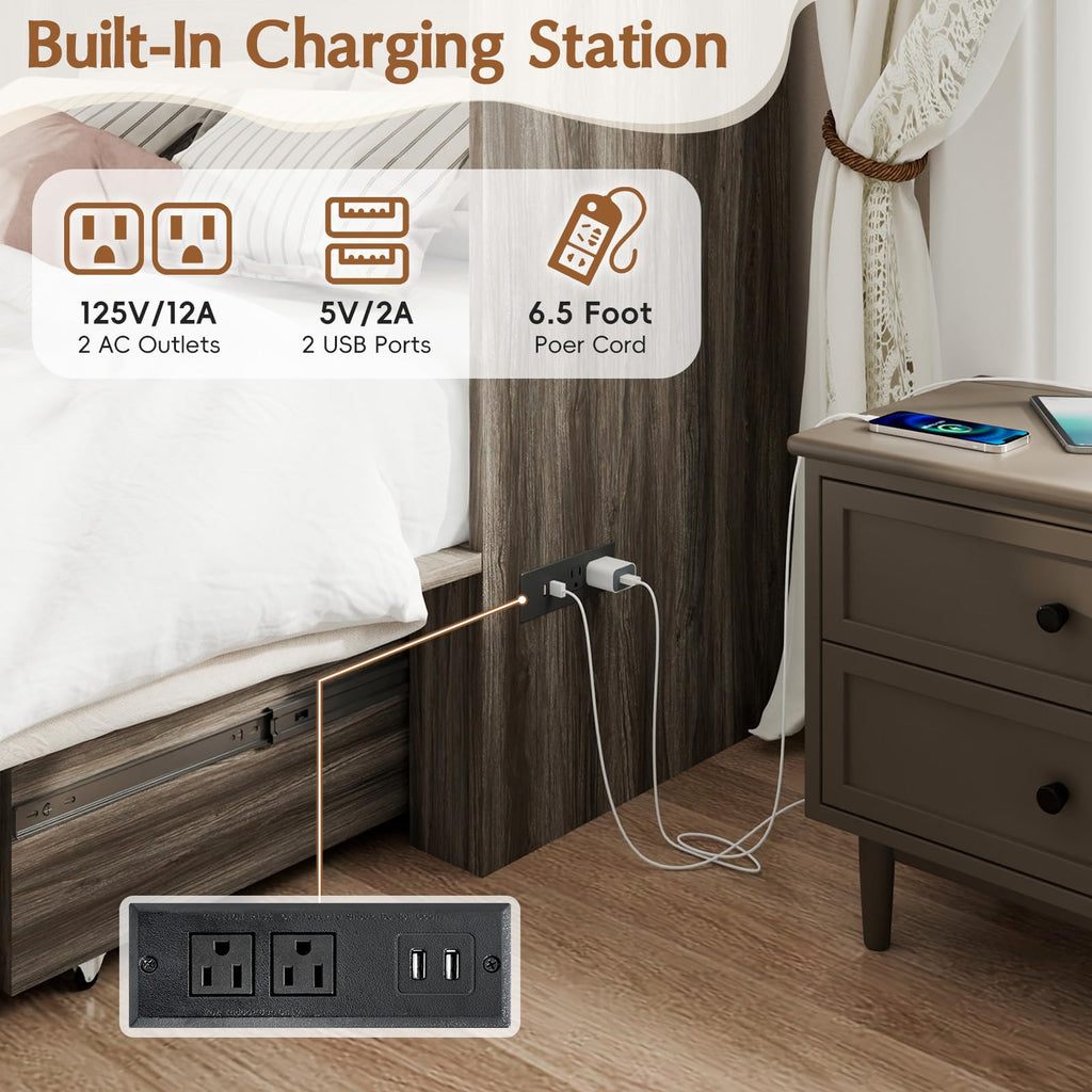 Full Size Farmhouse Murphy Bed with Drawer&Charging Station, Grey