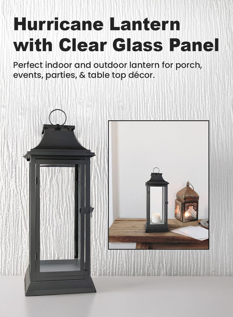 25" Tall Black Decorative Hurricane Lantern with Clear Glass Panels - Indoor Lantern and Outdoor Lantern for Porch