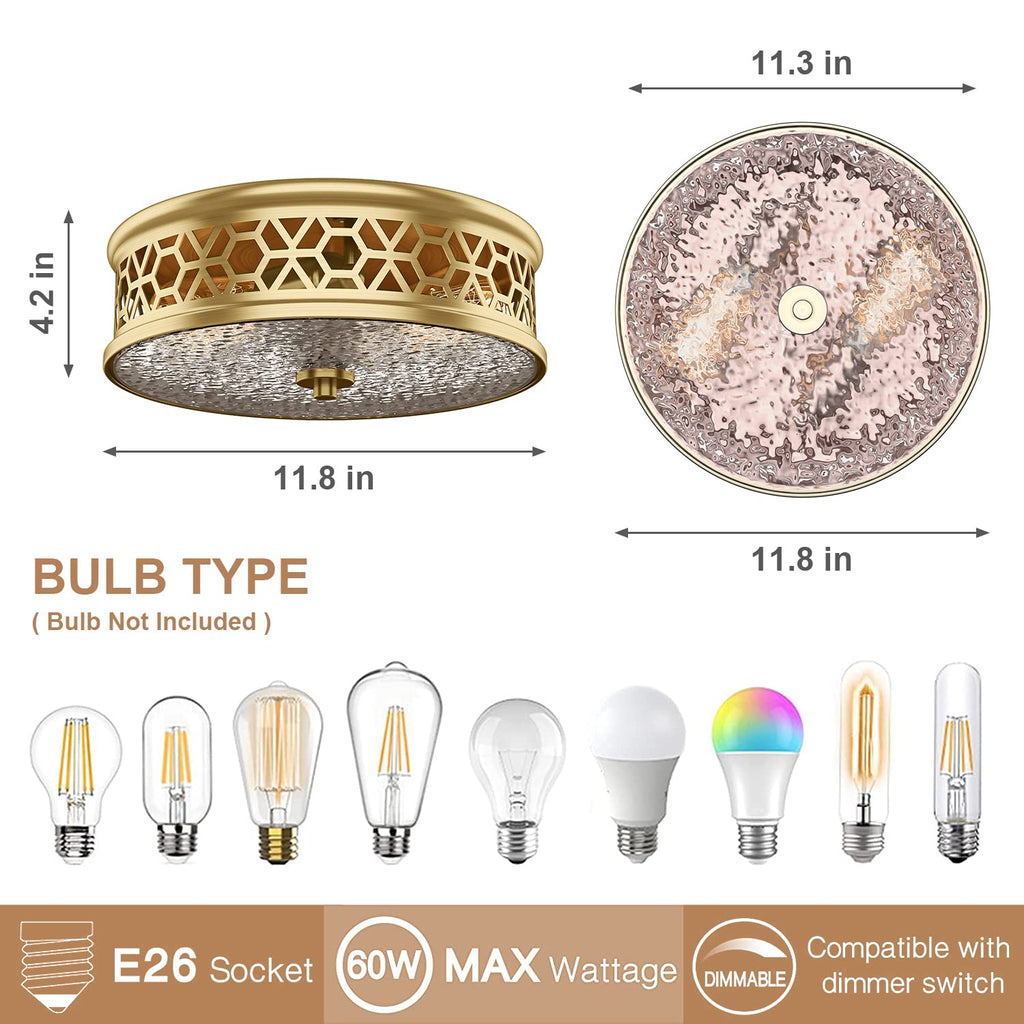 Flush Mount Ceiling Light, 12 Inch 2 Light Vintage Ceiling Light with Rippled Glass, Gold Ceiling Fixture Corridor