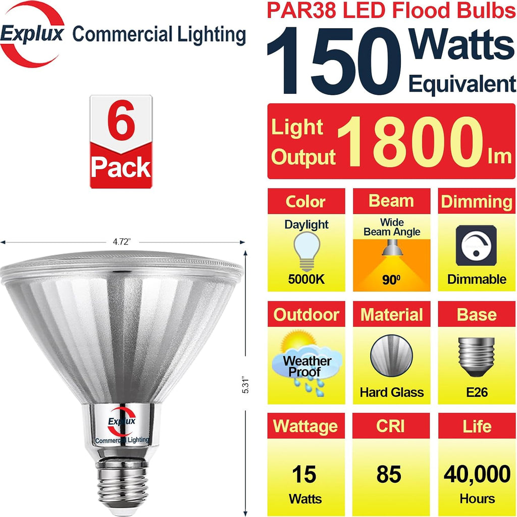 Full Glass LED PAR38 Bulb, 150W Equivalent, Daylight 5000K, 6-Pack