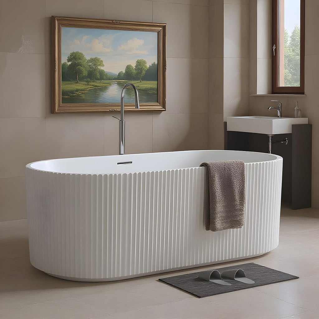 59" Acrylic Freestanding Bathtub, White Soaking Tub with Non-Slip Base, cUPC Certified Free Standing Tub, Chrome