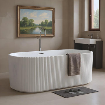 59" Acrylic Freestanding Bathtub, White Soaking Tub with Non-Slip Base, cUPC Certified Free Standing Tub, Chrome