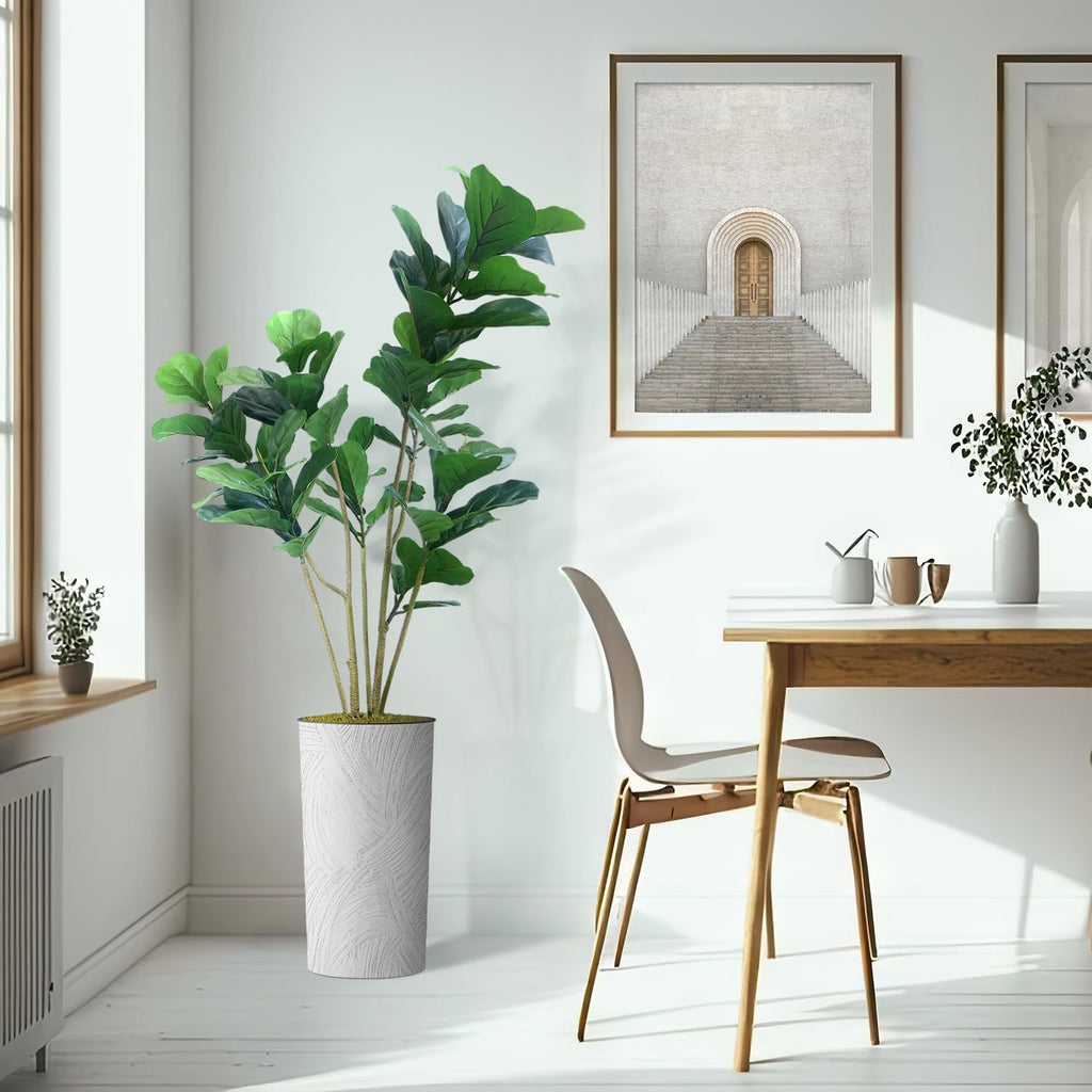 Artificial Tree in White Marble Effect Planter, Fake Ficus Lyrata Silk Tree for Indoor and Outdoor Home Decoration