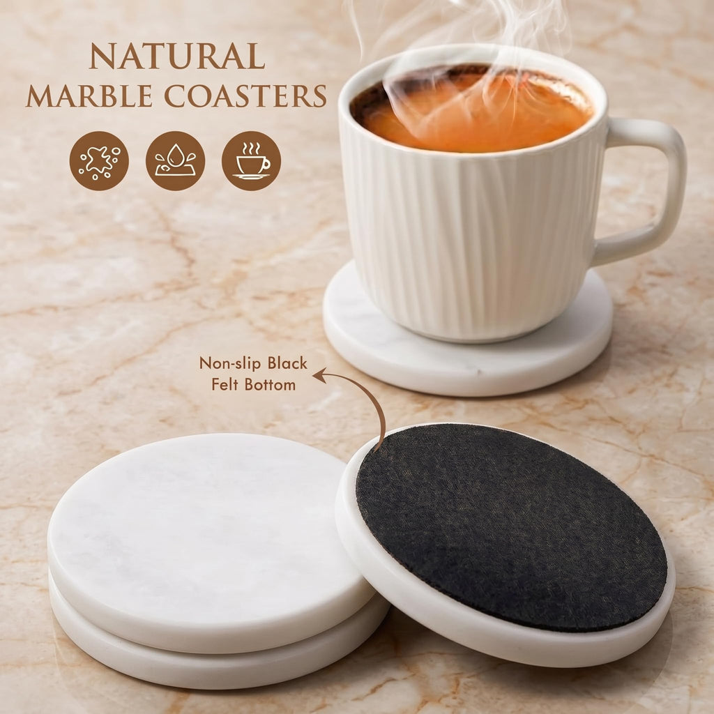 Marble Coasters Set of 6 for Drinks, 3.5 Inch Round Coaster