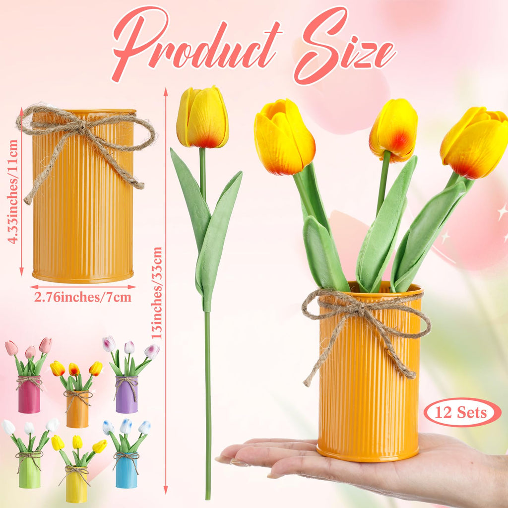 12 Sets Easter Centerpieces for Tables Easter Office Decorations Spring Artificial Tulip with Galvanized Metal Pot