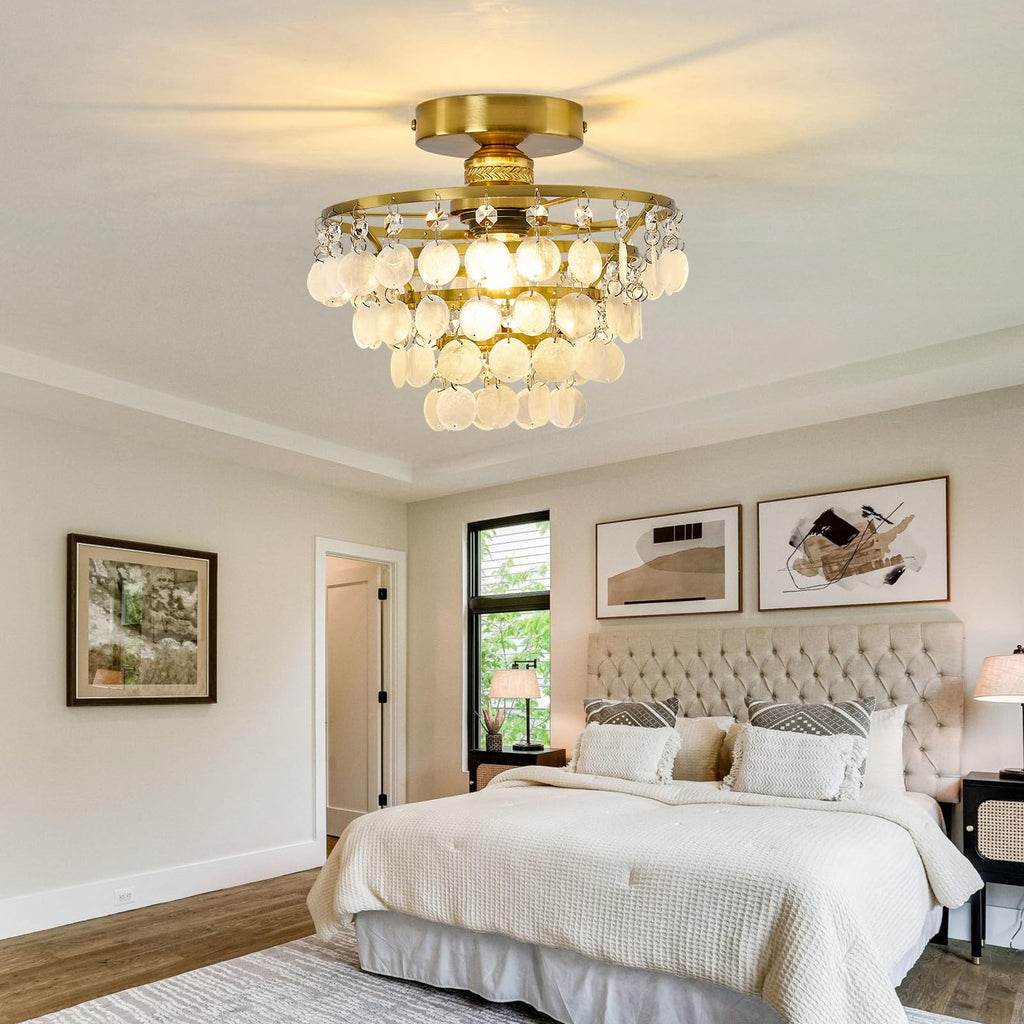 Capiz Shell Ceiling Light, Modern Gold Semi Flush Mount Chandelier with Crystal & Natural Seashell, Small Coastal