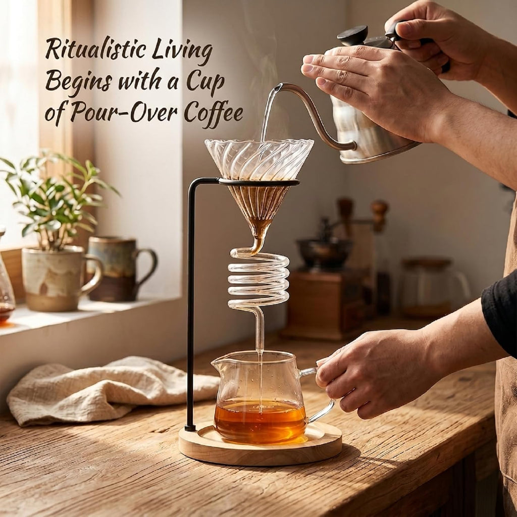 Pour Over Coffee Maker Set - 3PCS Featuring Spiral-Ribbed Dripper, Raised Walnut Wooden Stand, and 400ml Elegant