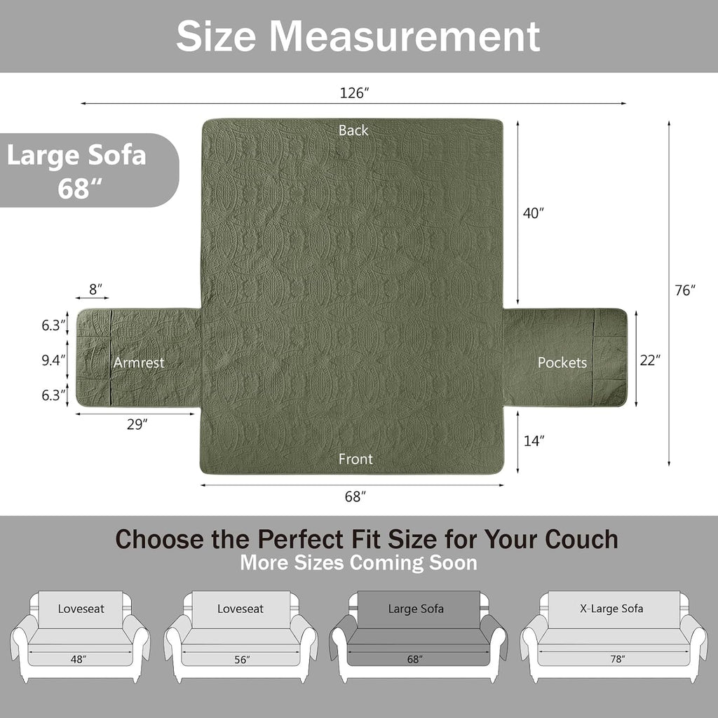 Quilted Olive Green Sofa Slipcovers with Pockets, Anti-Slip Medallion Couch Covers for 3 Cushion Sofa, Couch Cover