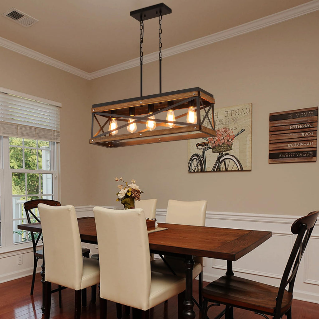 Rustic Farmhouse Wood Kitchen Island Lighting, 5 Lights Rectangular Pendant Light Fixture, Adjustable Chain Oak Wood