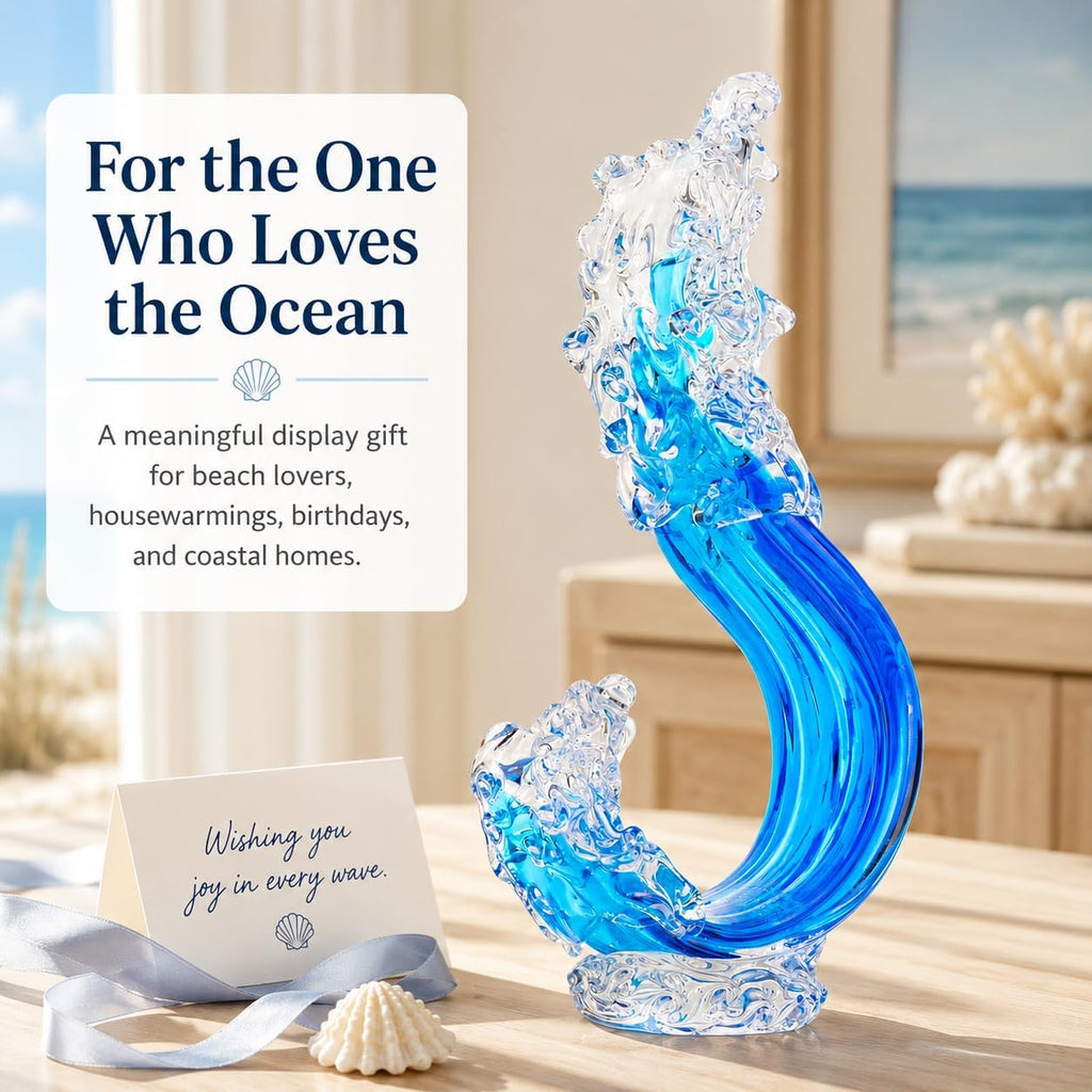 Blue Hand Blown Glass Ocean Wave Statue,Fused Sea Glass Art Decor,Abstract Wave Sculpture Ornament,Coastal Nautical