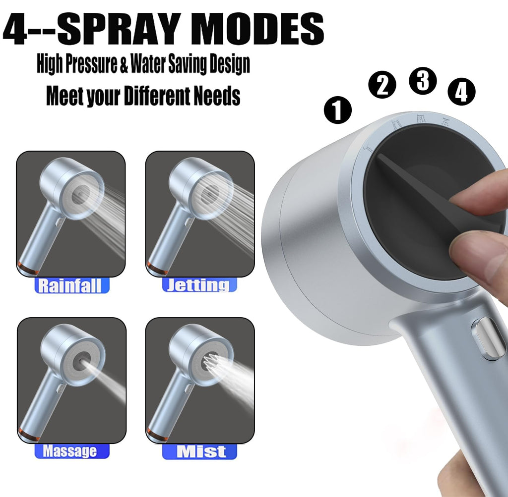 Pressure Shower Head with Handheld, with Pause Switch 4 Spray Modes Water Saving Showerhead, Showerhead Set with Hose