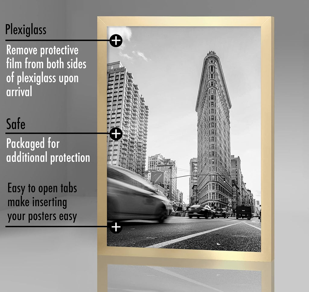 24x36 Poster Frame - Gold Engineered Wood with Polished Plexiglass - Wide Picture Frame for Vertical or Horizontal