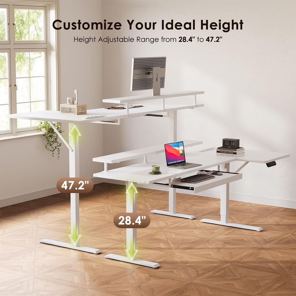 63 Inch Reversible L Shaped Electric Standing Desk, White | Monitor Stand, Keyboard Tray, Power Outlets, 3 Memory