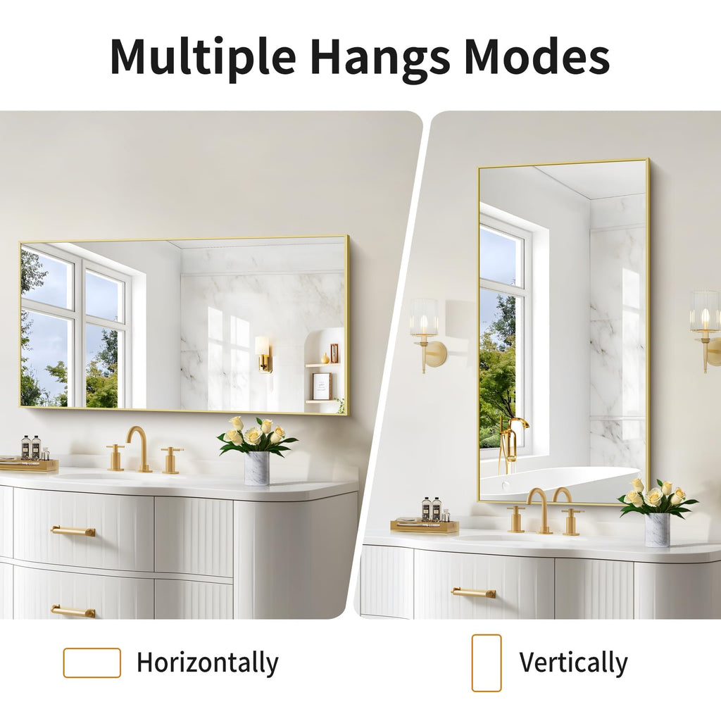 Gold Bathroom Mirror for Wall, Brushed Gold Rectangle Mirrors with Metal Frame, Bathroom Rectangular Mirror