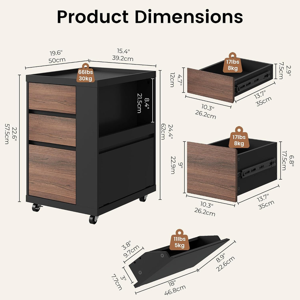 Mobile File Cabinet Under Desk with 3 Drawer, Office Storage Cabinet | Rolling Wood Printer Stand w/ Unique Side