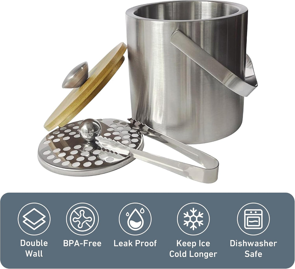 Double Wall Insulated Small Ice Bucket with Bamboo Lid - Stainless Steel Ice Holder with Tongs and Strainer