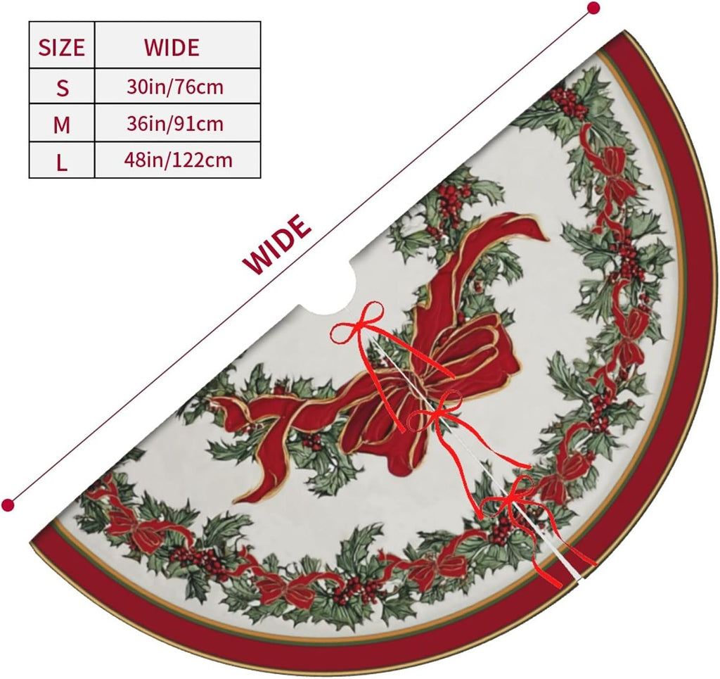 Bow Holly Fruit Christmas Tree Skirt 36 Inch Xmas Tree Mat Party Decor Supplies for Holiday Home Decorations