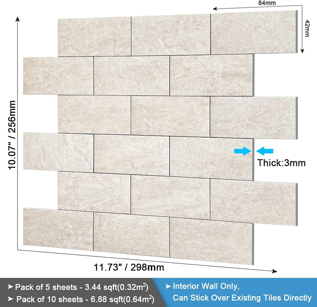 Marble Peel Stick Backsplash Tile Kitchen Rustic Beige 10pcs