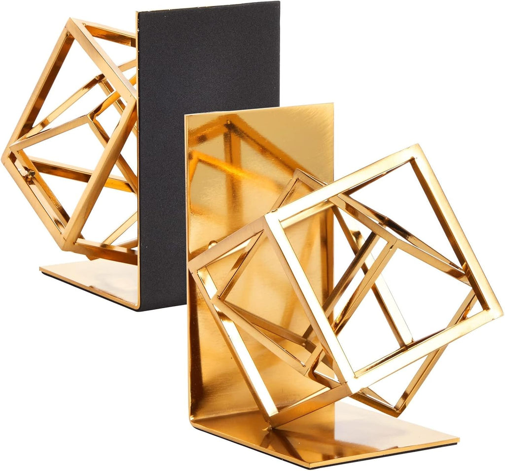 Gold Bookends - Heavy-Duty Metal Book Ends for Bookshelf Decor - Geometric Square Style for Decorative Books Display