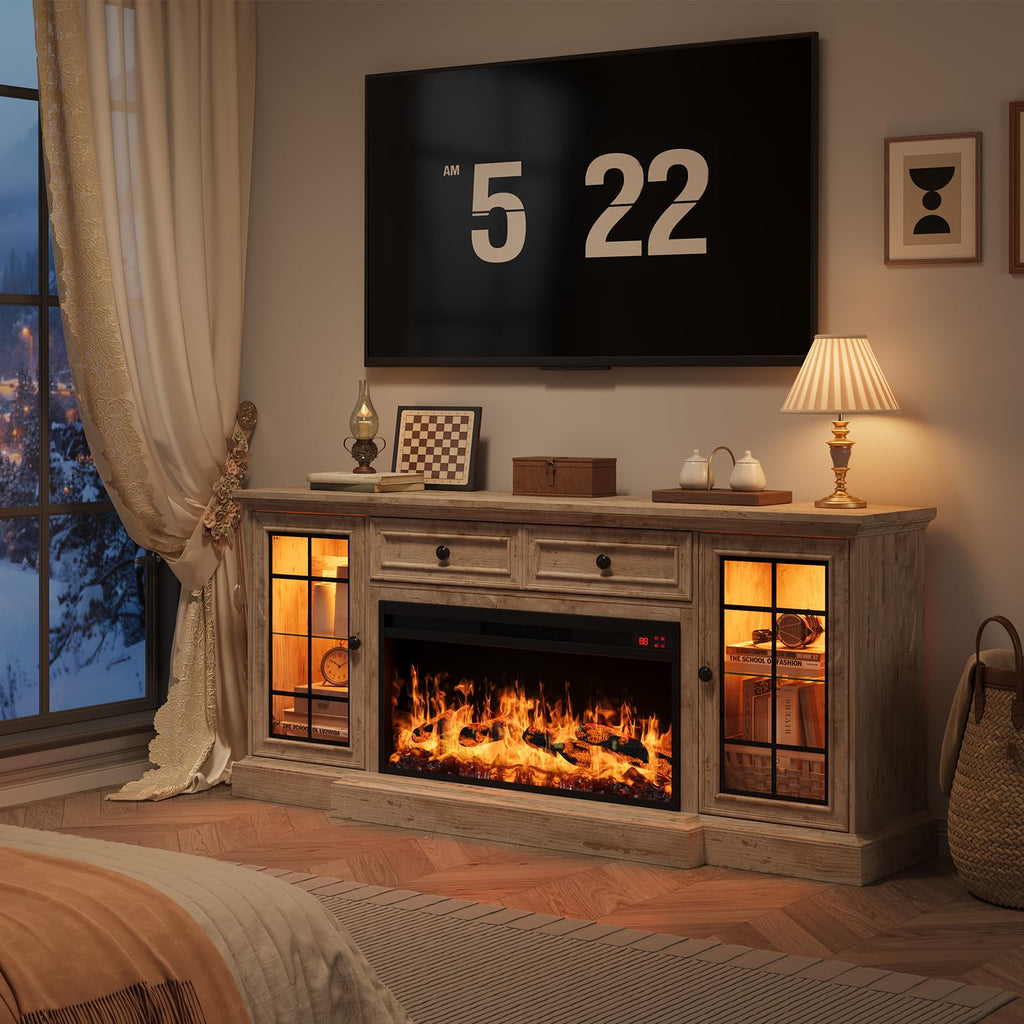 Fireplace TV Stand Up to 80" TVs, 70'' Modern Entertainment Center with 36" Electric Fireplace & LED Lights