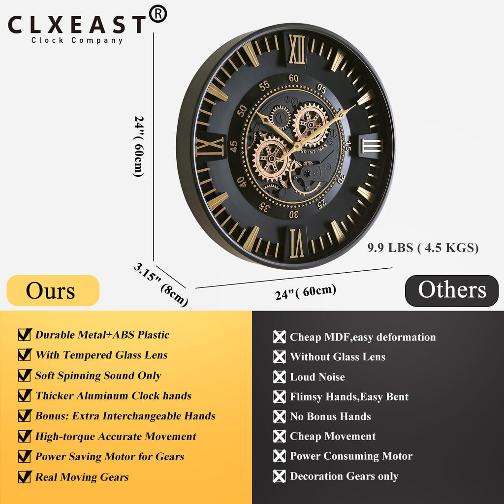 24 Inch Wall Clock with Moving Gears, Modern Black Gold