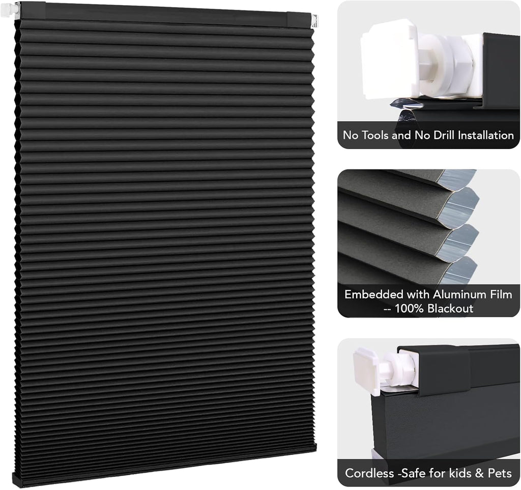 Cordless Blackout Cellular Shades, 16" W x 36" H, Black Gray, Custom Size Honeycomb Blinds for Windows, No Drill No