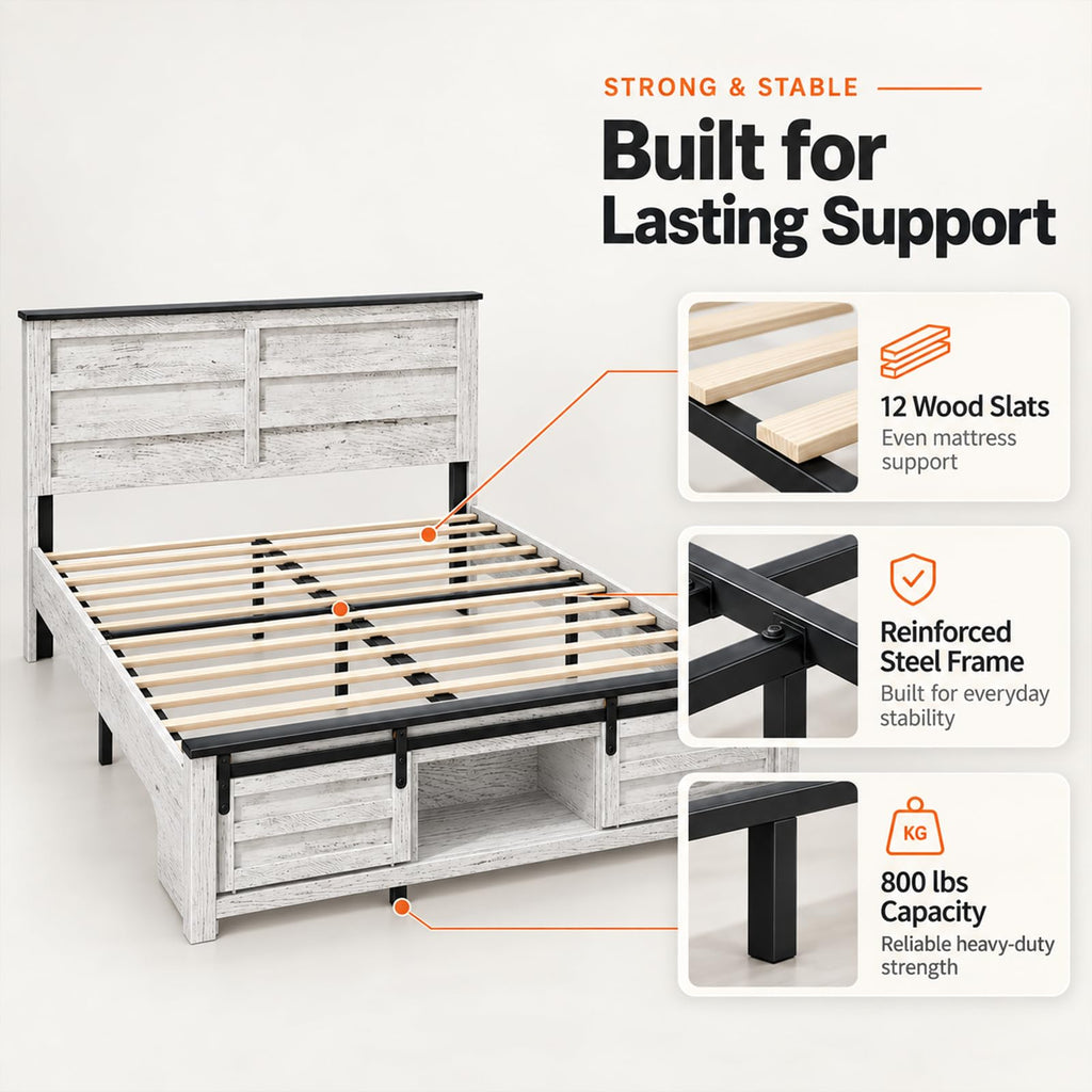 Farmhouse Bed Frame with Barn Door Headboard, White