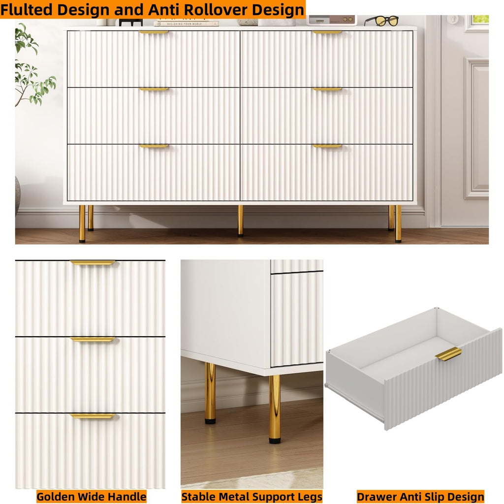 56" Wide Modern White Fluted 6 Drawers Dresser with Gold Handle