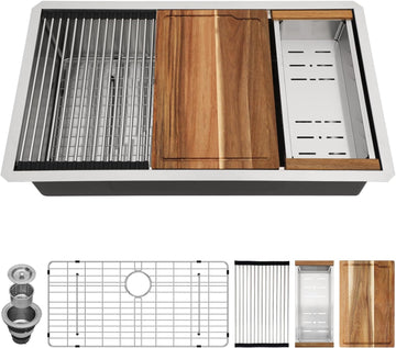 32 Inch Undermount Kitchen Sink Workstation with Accessories | 16 Gague Stainless Steel, Brushed Finish, Single Bowl