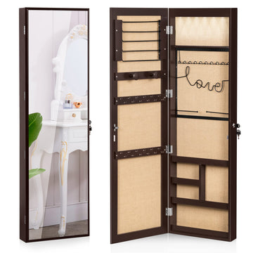 Jewelry Armoire Cabinet with Full-Length Mirror, Large Storage Jewelry Organizer, Wall/Door Mounted, Lockable (Brown)