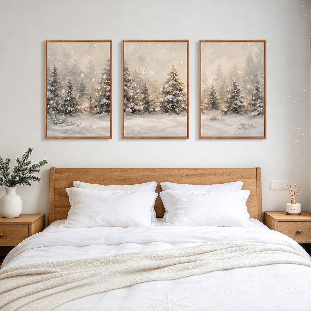Large Framed Winter scene Forest Wall Art, Neutral Snowy Tree Prints