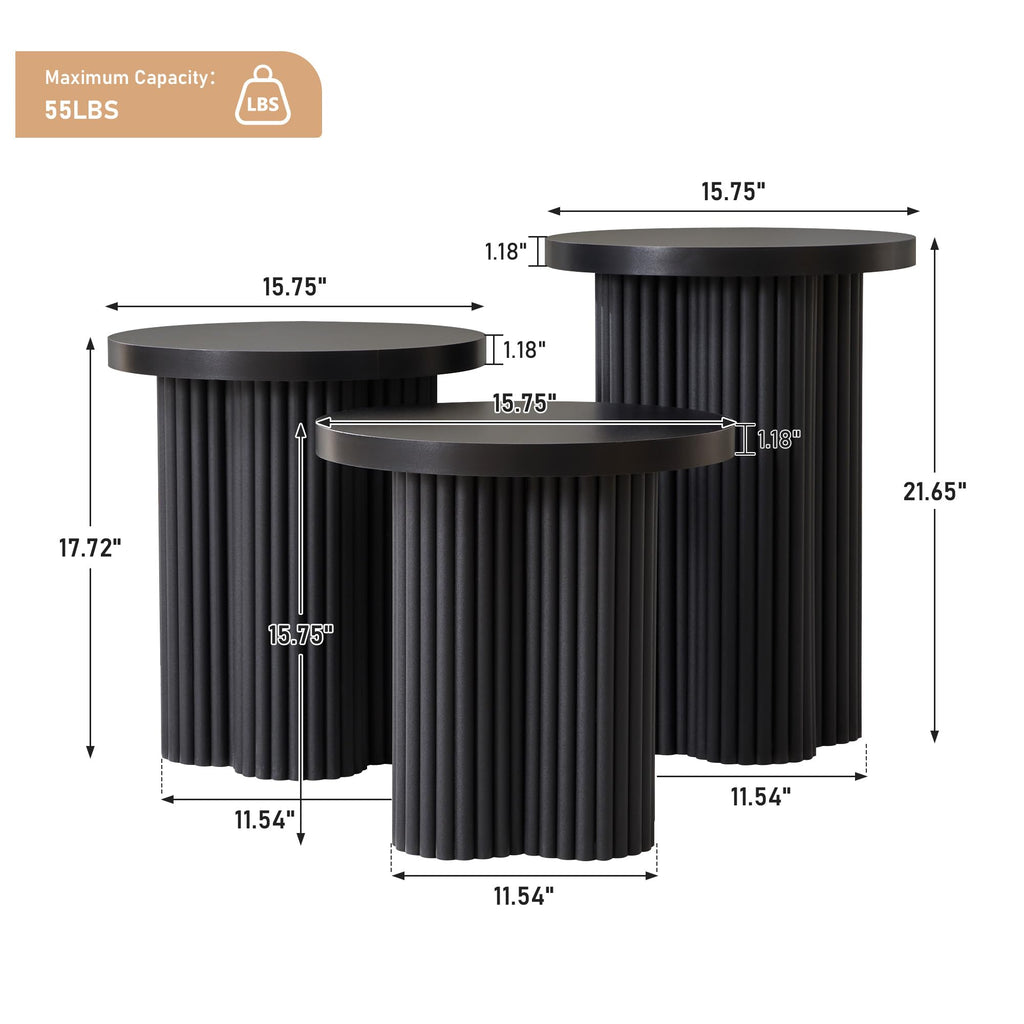 Round Nesting Coffee Set of 3 Fluted Coffee (Black)