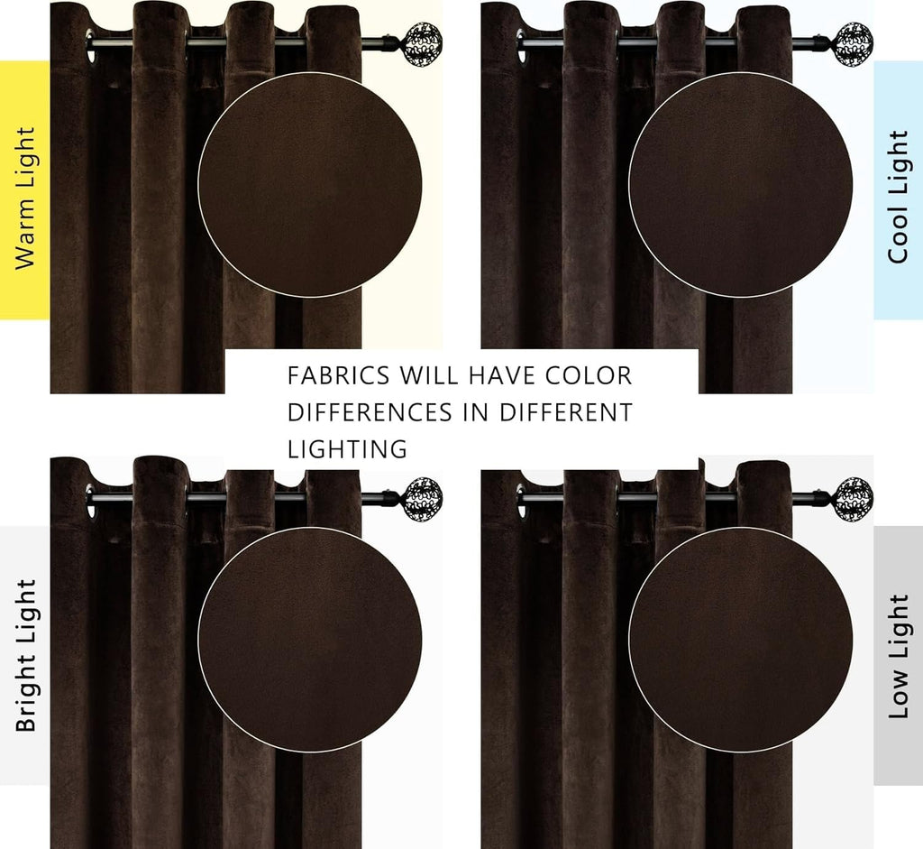 Brown 96in Long Luxury Velvet Curtain Panels with Grommet, Insulated Soft Privacy Noise Reducing Velvet Window Drapes