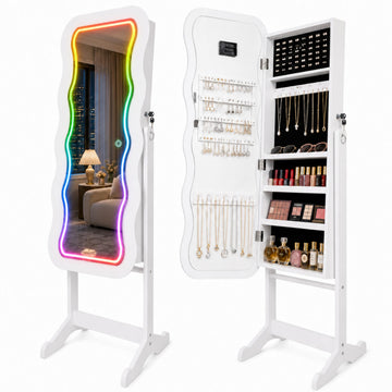 RGB Mirror Jewelry Cabinet, Remote Control LED Mirror with Storage