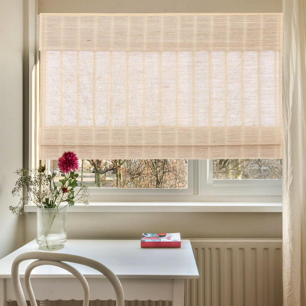 Blackout Bamboo Roman Shades Cordless, Woven Wood Natural Reef Roman Shade for Windows, Doors, Porch