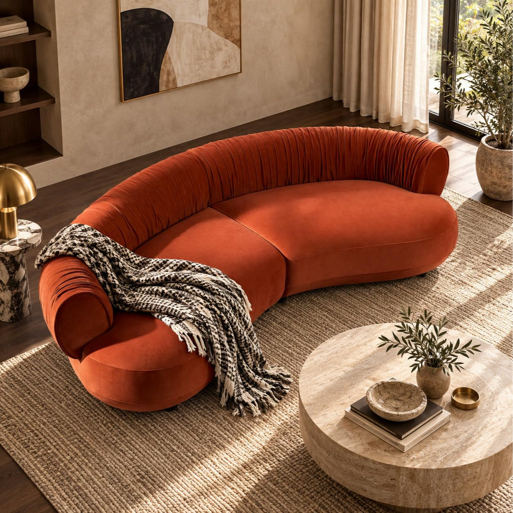 102.36" Curved Sectional, Orange Red Velvet 4-Seat Couch