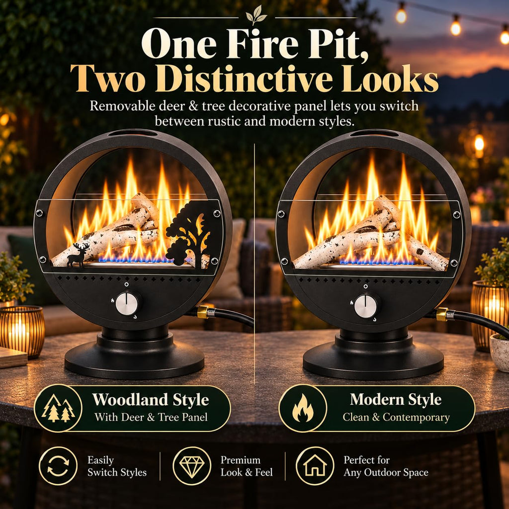 Tabletop Propane Fire Pit Heater, 10000 BTU Portable Outdoor Patio Heater with Ceramic Fireplace Logs, Glass Wind