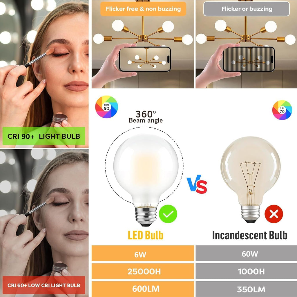 E26 G25 LED Globe Bulbs, 6W (60W Eq), 2700K Soft White Vanity Bulbs, 2Pack