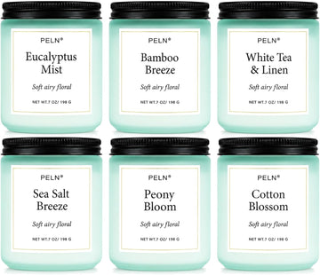 Scented Candles Gift Set, 6-Pack 7 oz Soy Candles, Fresh Botanical Scents | Eucalyptus, White Tea, Sea Salt & Peony.