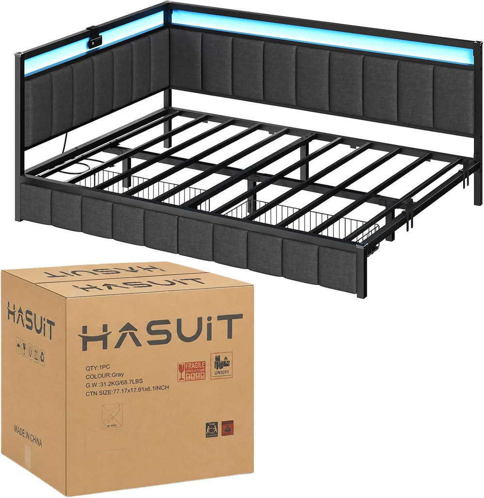 Corner Bed Frame with Storage Drawers, Twin Daybed with Line Fabric Upholstered Fence, Kids Bed Unit with LED Light