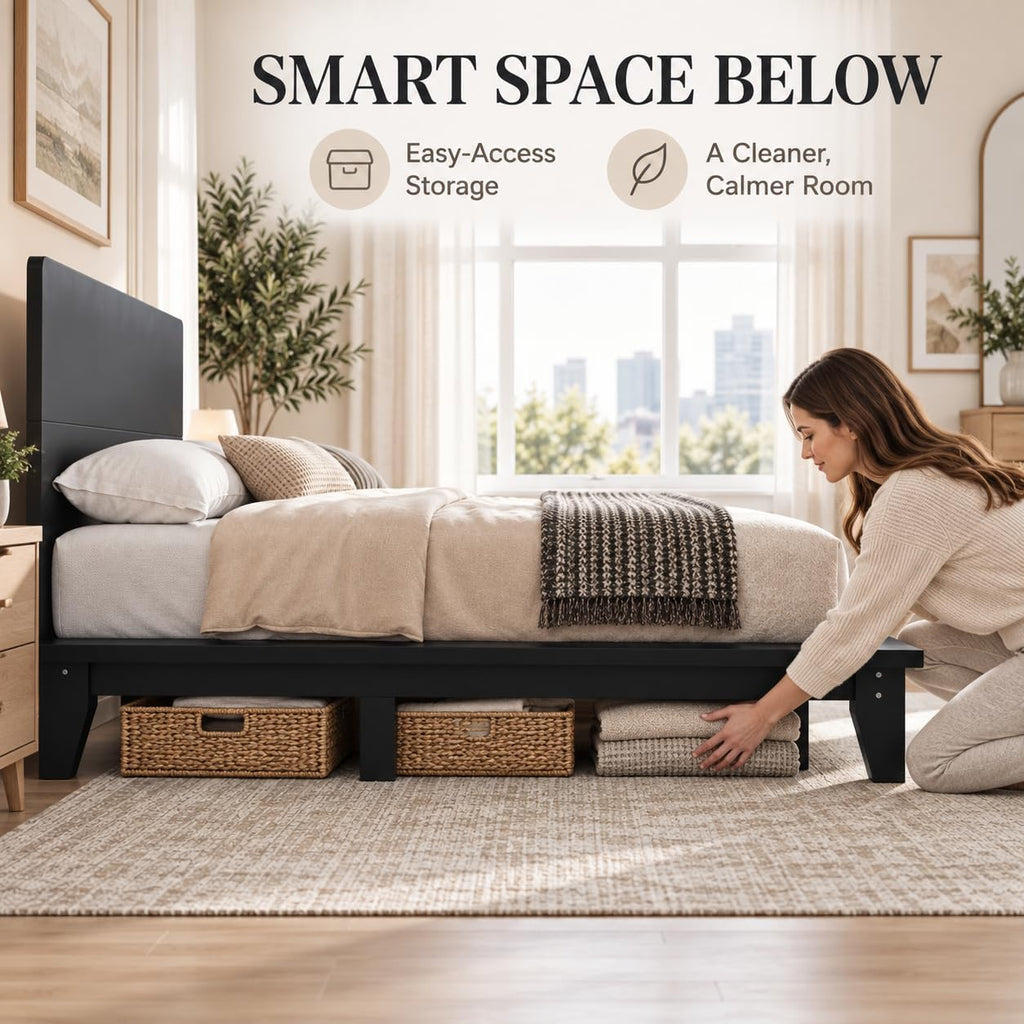Japanese Wooden Bed Frame with Black Headboard