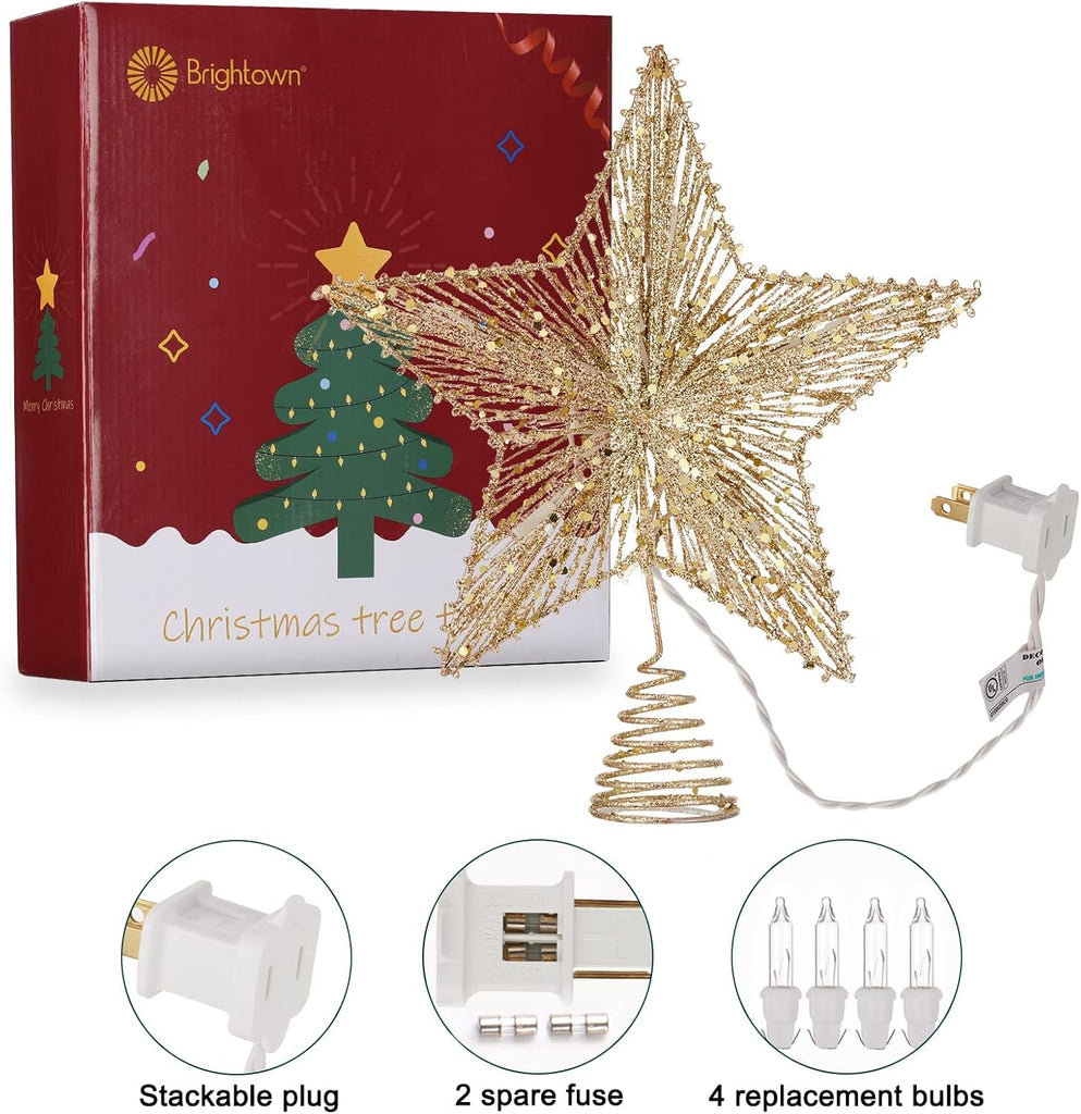 Star Tree Topper, Plug in 3D Star Tree Topper, 11"Golden Glittered Metal Hollow Designed Built-in 10 Bulbs String