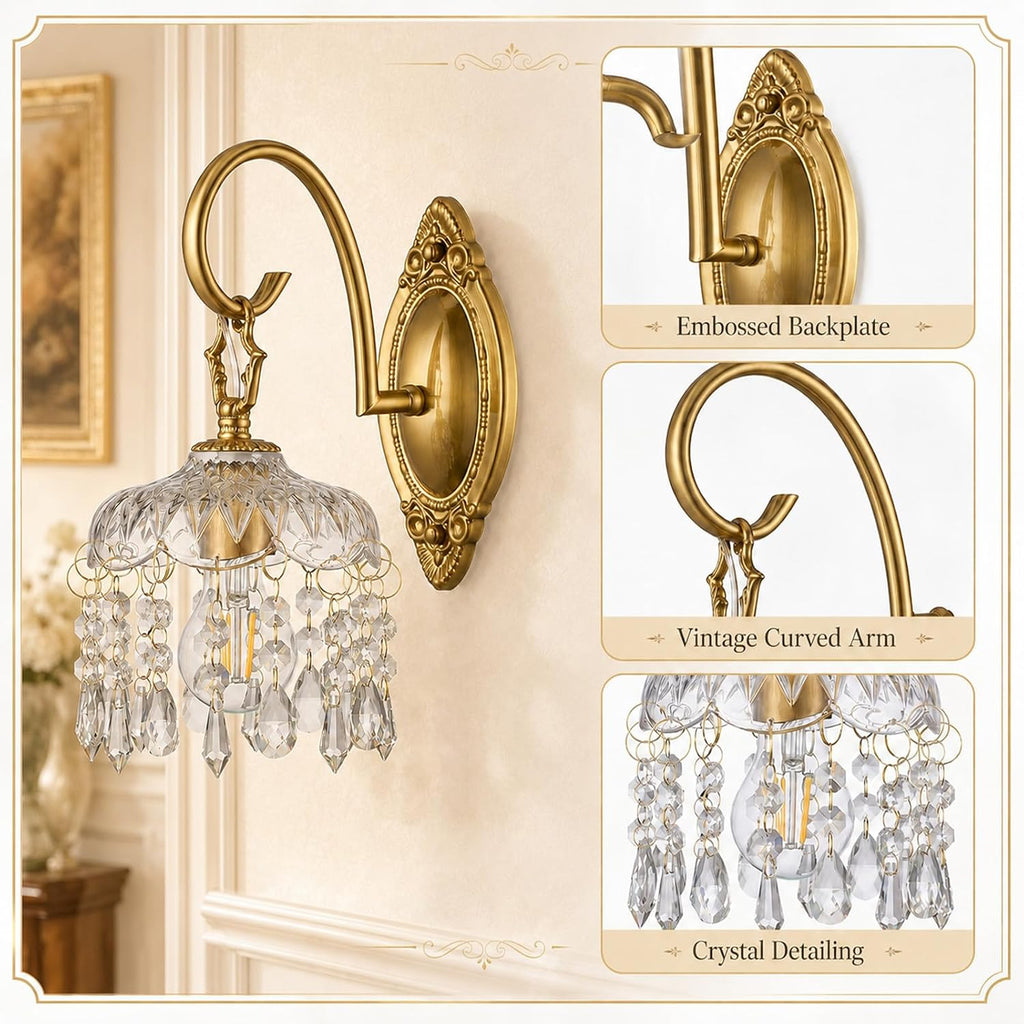 Crystal Wall Sconces Set of 2, Gold Hardwired Wall Sconce with Faceted Glass Shade and Crystal Drops, Vintage